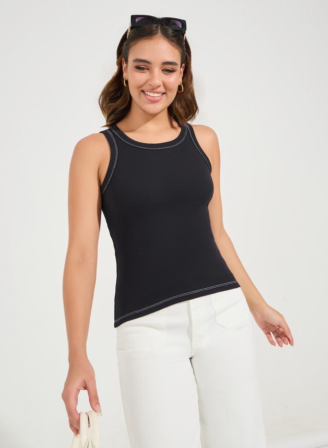 Styli Solid Round Neck Racerback Contrast Stitch Tank Top - Image 1